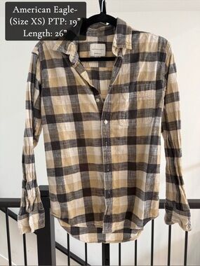 American Eagle Outfitters Men’s Beige, Black & Cream Plaid Button-Down Shirt